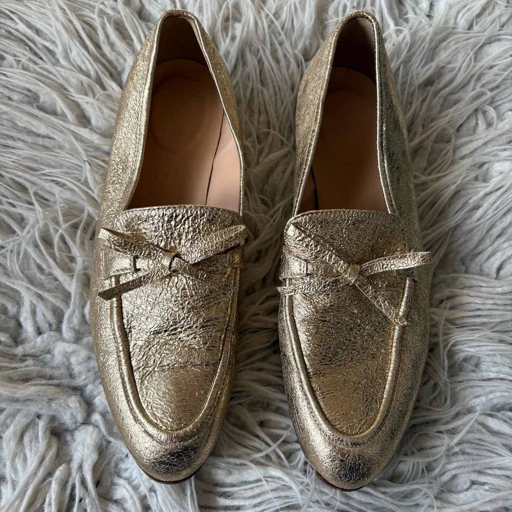 J. Crew The Academy Leather Metallic Gold Womens Almond Toe Loafers H1872 Size 8